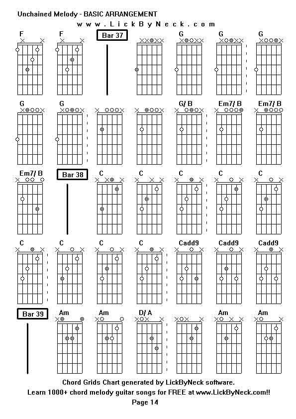 Chord Grids Chart of chord melody fingerstyle guitar song-Unchained Melody - BASIC ARRANGEMENT,generated by LickByNeck software.